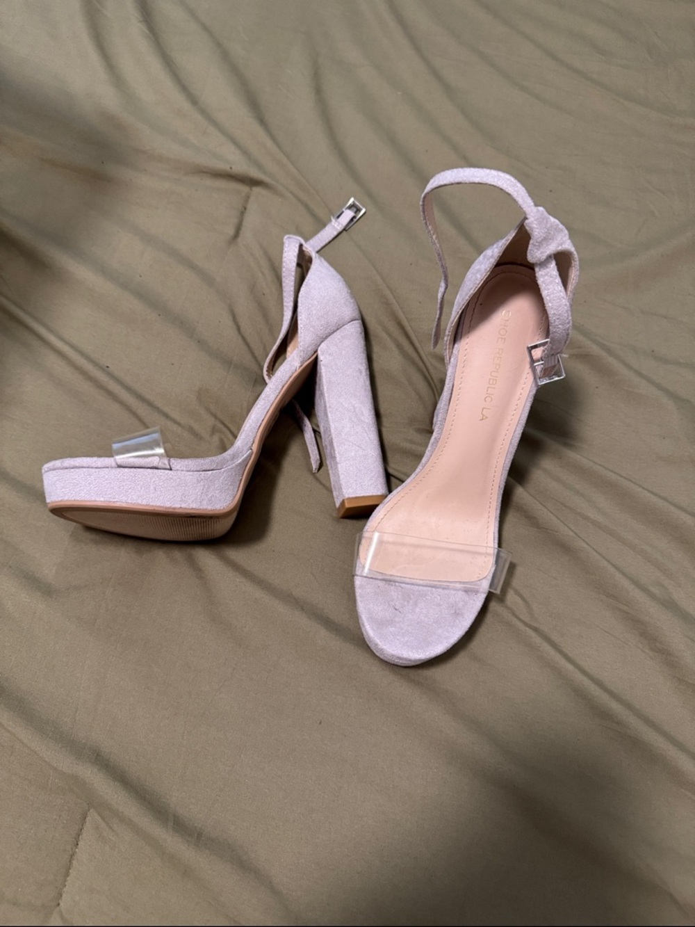 Shoe Republic LA Light Taupe Suede Block Heel Sandals with Clear Strap